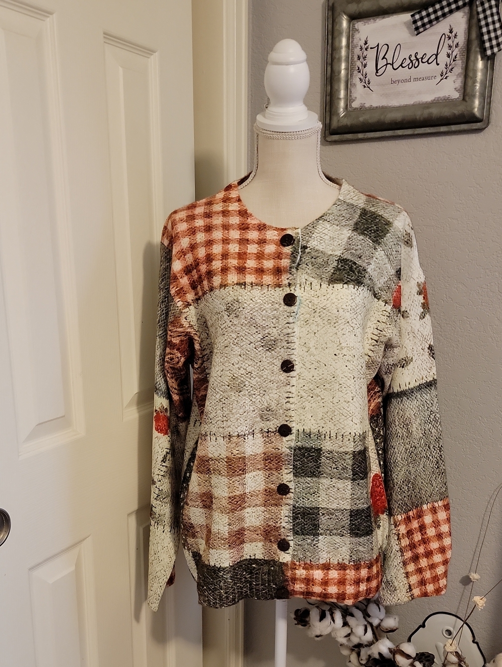 Patchwork Plaid Button-Up Cardigan - Rust, Cream & Gray